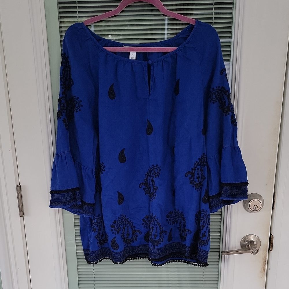 Charter Club Cobalt Blue & Black Embroidery Flutter Sleeve Linen Shirt Sz XL